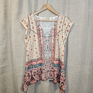 Live And Let Live Asymmetrical Top Women's M Colorful Damask Print Boho Peasant